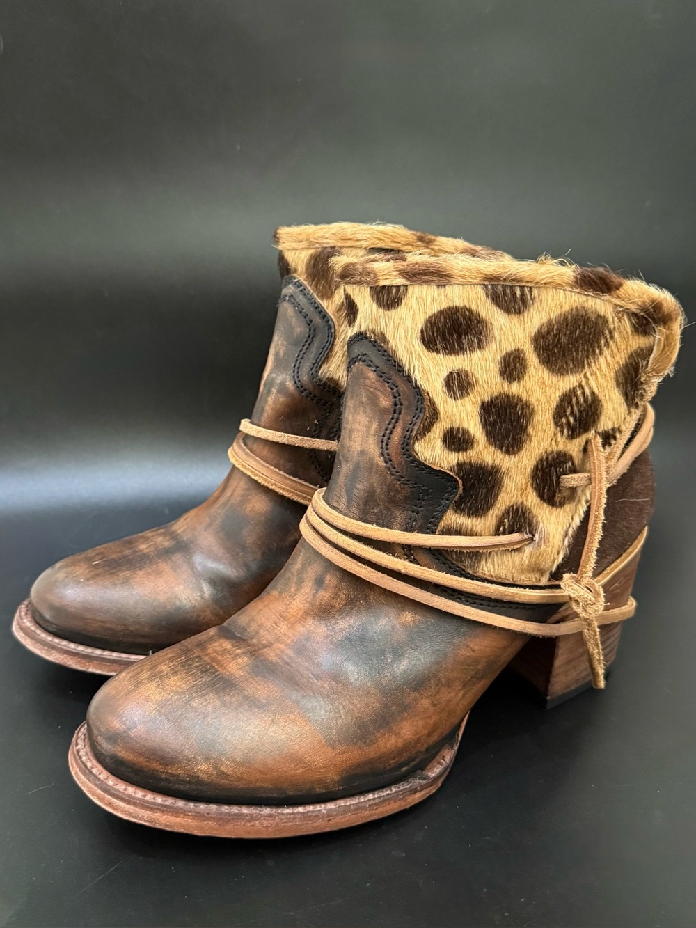 FREEBIRD by Steven Casey Brown Distressed Leather Calf Hair Leopard Boots US 10